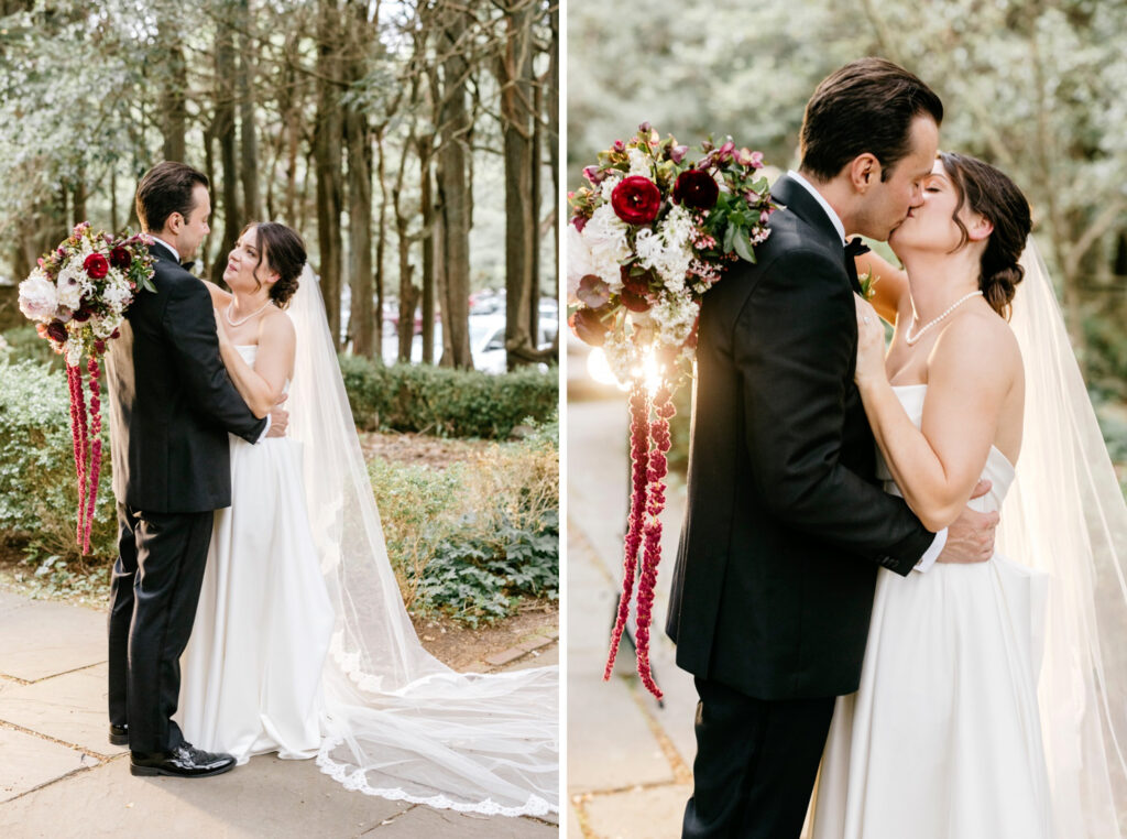 golden hour romantic wedding portraits of Bride and groom on spring wedding day at Parque Ridley Creek