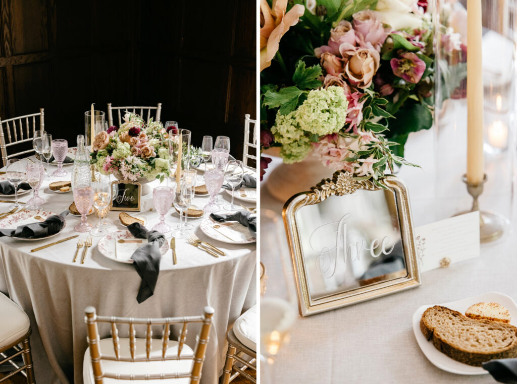 mirror and gold frame table numbers for romantic and elegant wedding reception