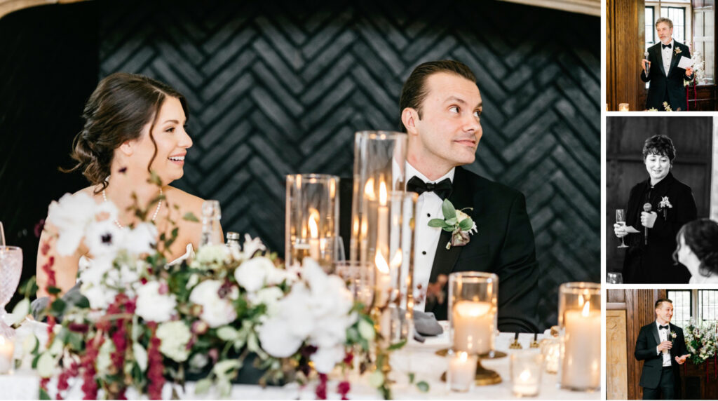 bride and groom during wedding party speeches at their romantic spring wedding reception at Parque by Emily Wren Photography