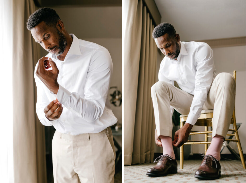 Philadelphia groom getting ready for his summer Terrain at Styer's garden wedding