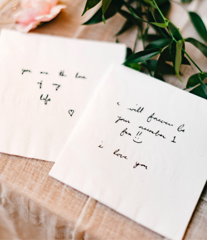 personalized, handwritten cocktail hour napkins for Terrain At Styer's wedding
