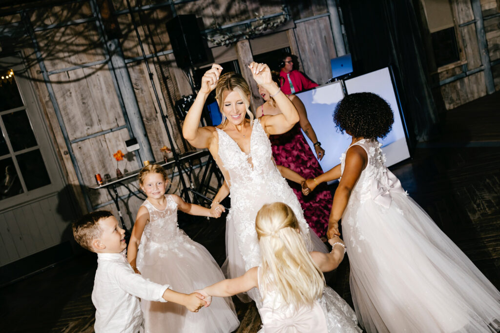 bride dancing with her flower girls at her elegant Philadelphia wedding reception